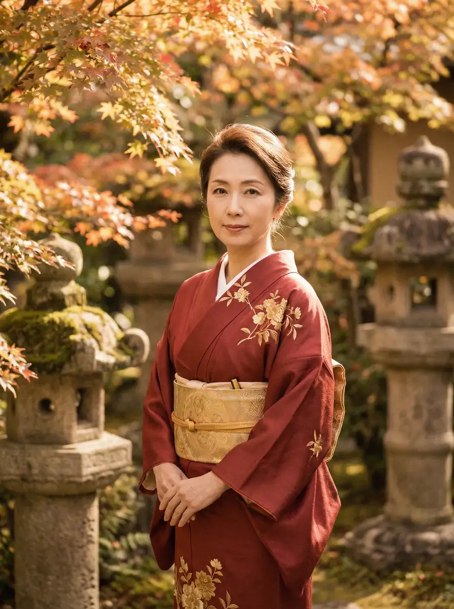 一位身穿暗红色和服的优雅 叶倩彤 在日式庭院中