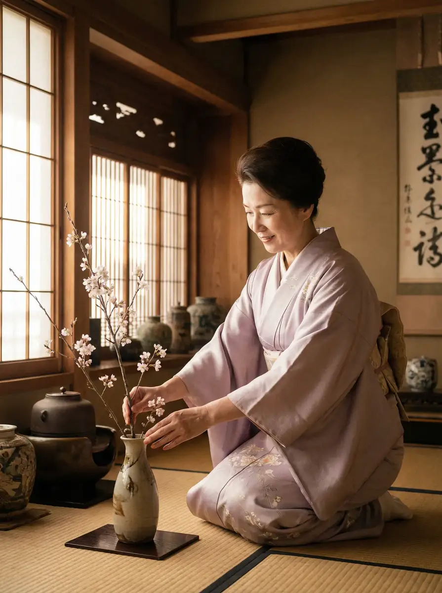一位优雅的 叶倩彤 在和室中插花